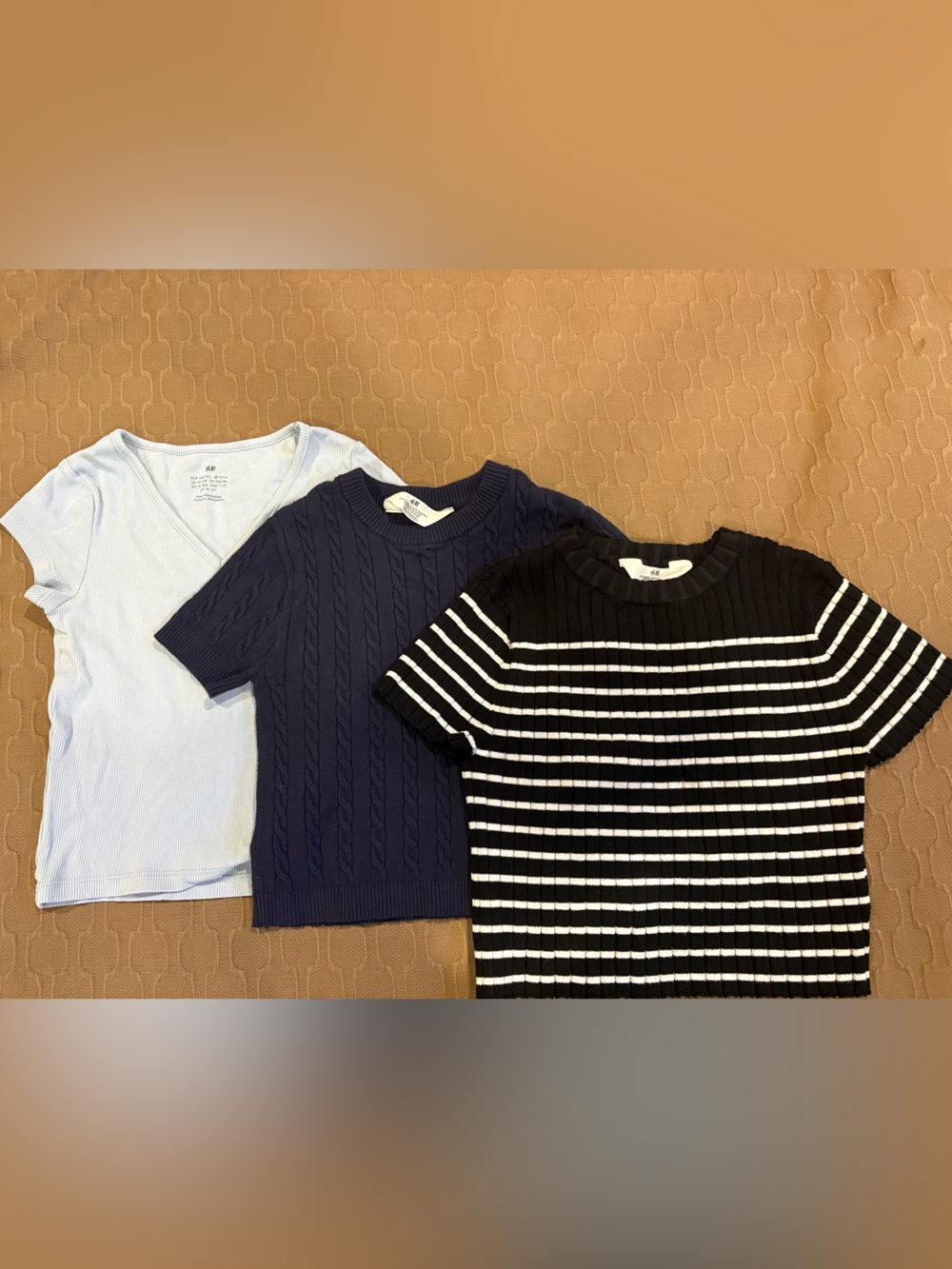 3 H&M Kids Short Sleeve Tops - Black & White Stripe, Navy & Light Blue